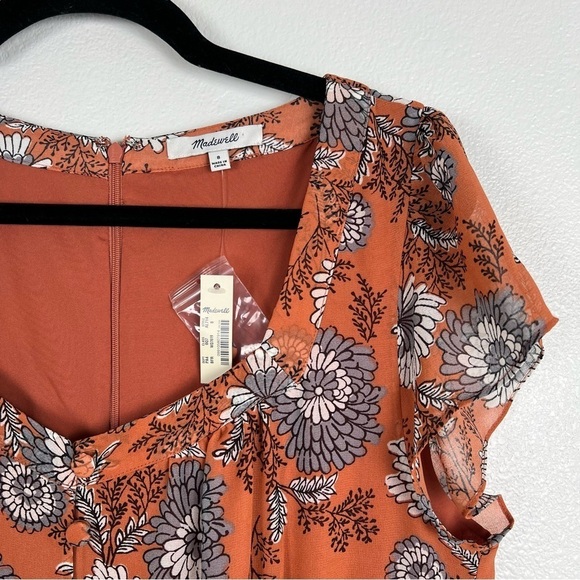 Madewell Sheer Sleeve Button Front Midi Dress Gathered‎ Bloom Sz 8 NWT - Picture 4 of 7